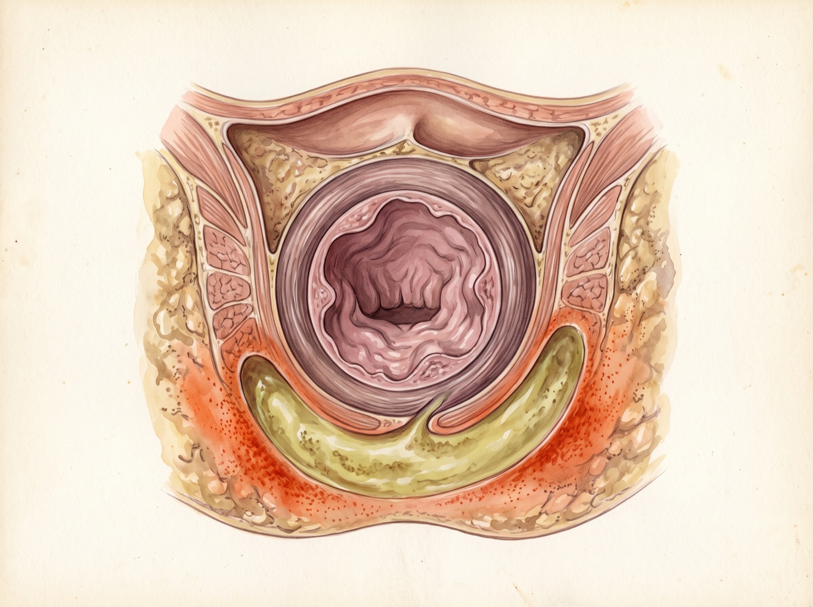 Prancha de atlas: corte axial do canal anal visto de cima, mostrando abscesso em ferradura contornando o canal pelos dois lados em formato de U