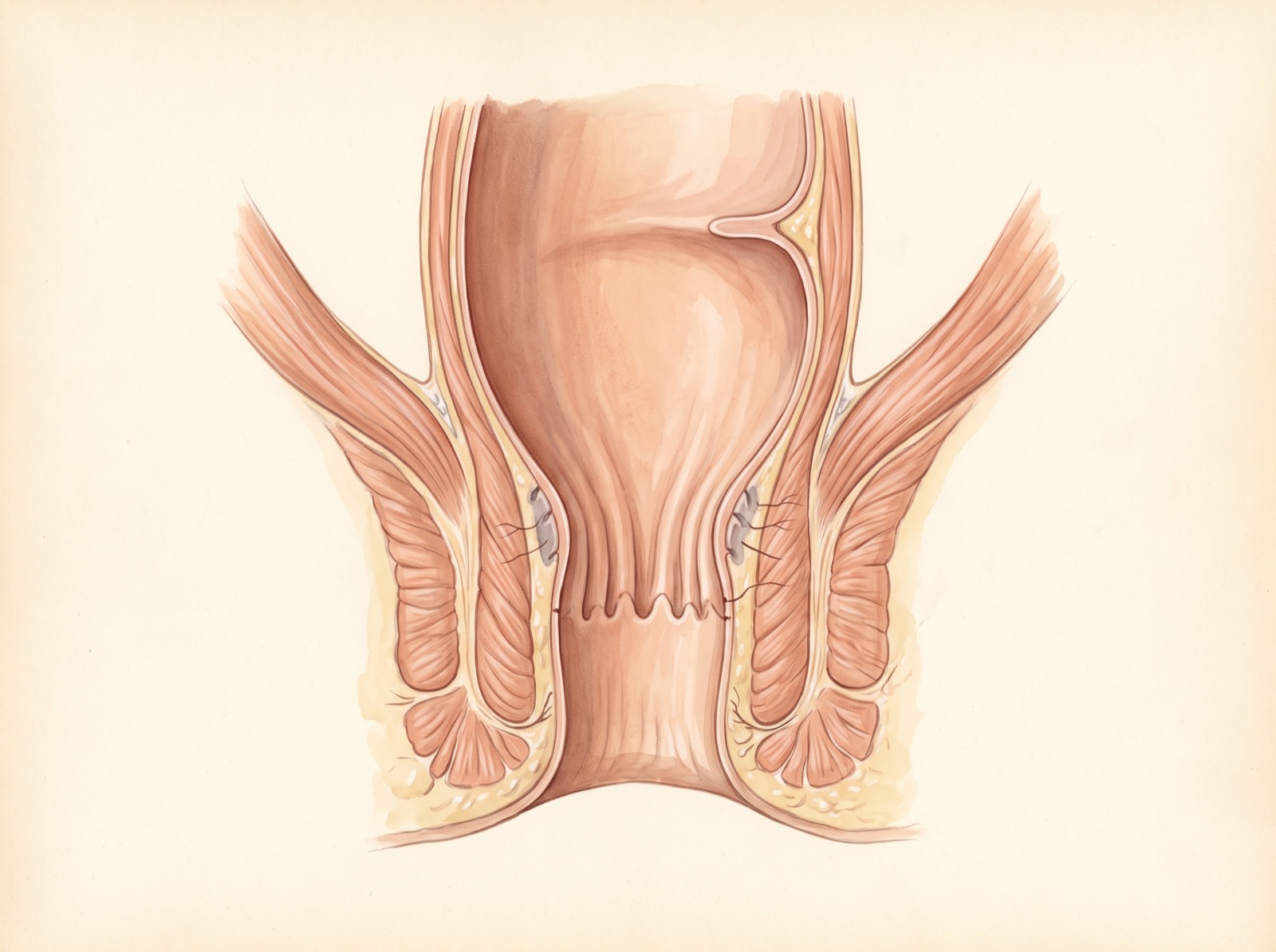 Prancha de atlas da anatomia normal do canal anal em corte coronal: reto acima, linha pectínea com as criptas e glândulas anais no meio do canal, esfíncteres interno e externo e músculo elevador do ânus