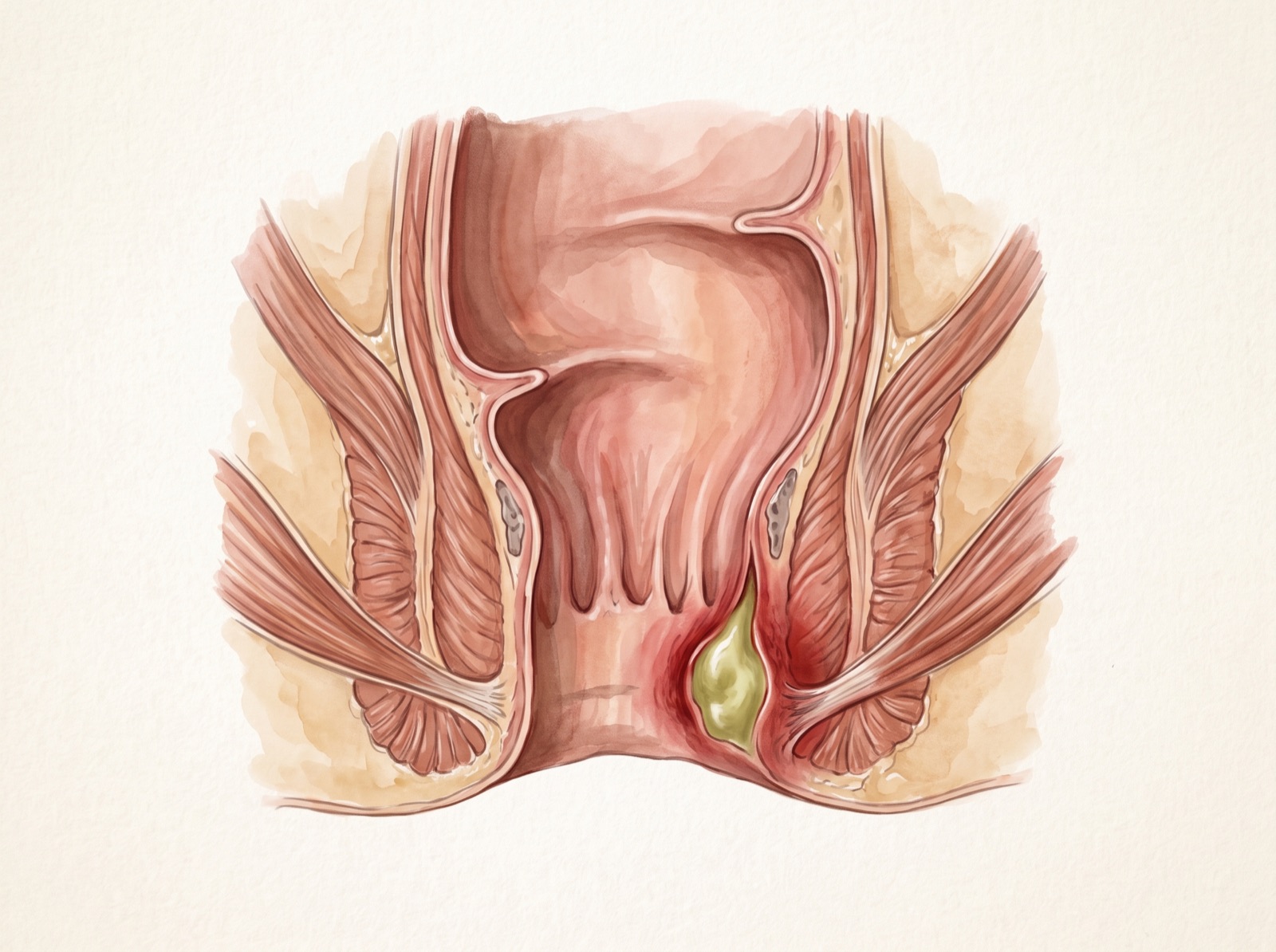 Prancha de atlas cirúrgico: corte anatômico do canal anal mostrando abscesso perianal como coleção de pus junto à borda do ânus, com inflamação ao redor