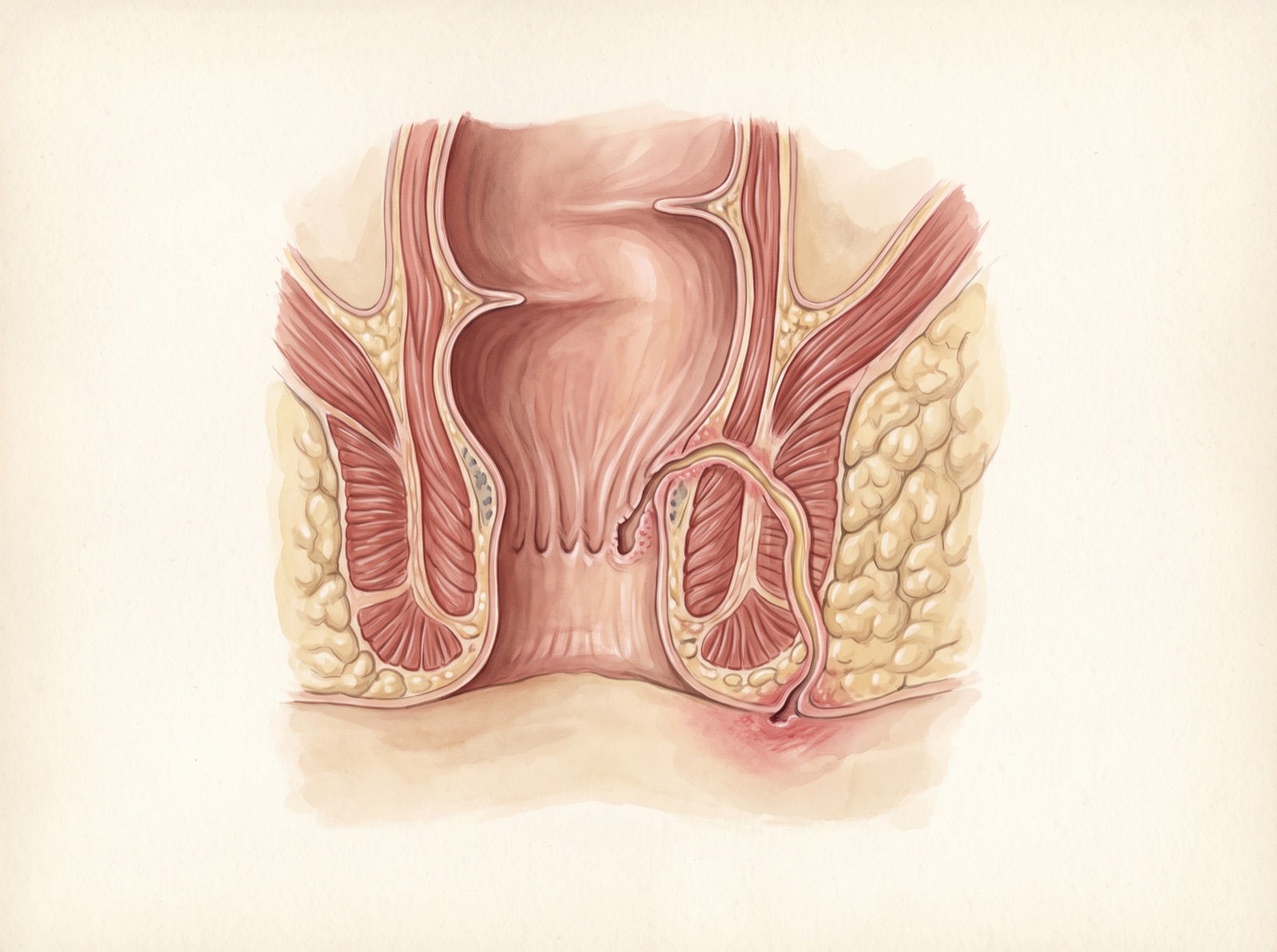 Prancha de atlas: corte do canal anal mostrando o trajeto da fístula anal, um túnel que vai da cripta interna, atravessa o esfíncter e se abre na pele ao lado do ânus