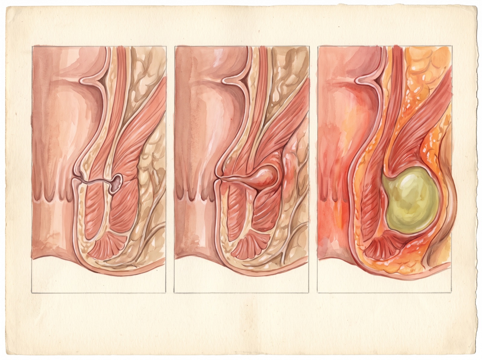 Prancha de atlas em três quadros mostrando a formação do abscesso anal: cripta e glândula saudáveis, glândula obstruída e infectada, e abscesso formado com pus junto à pele