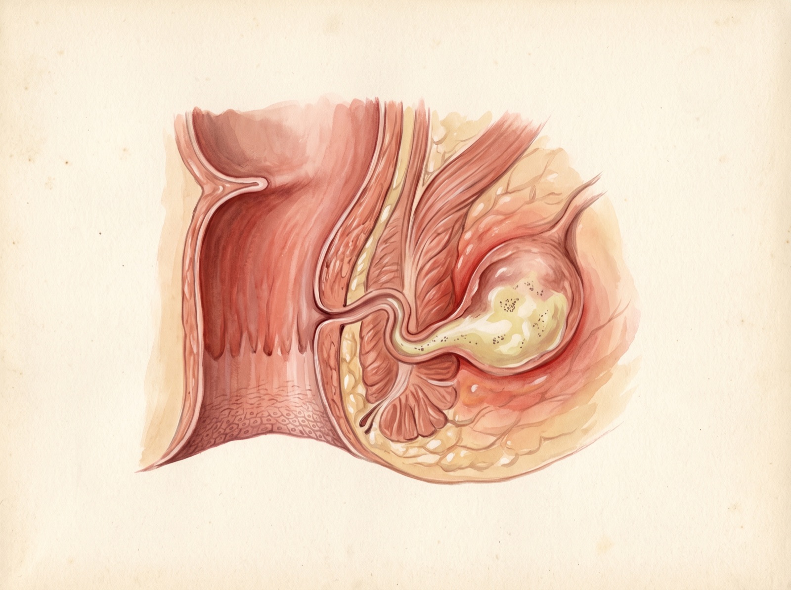 Prancha de atlas: detalhe ampliado de uma cripta anal com a glândula infectada, cheia de secreção purulenta e cercada de inflamação