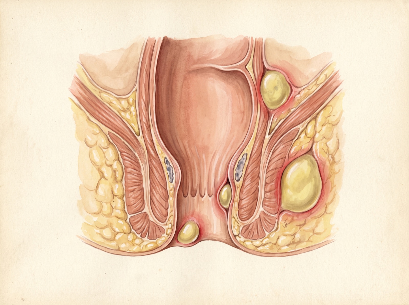 Prancha de atlas mostrando os quatro tipos de abscesso anal em corte coronal: perianal junto à borda do ânus, isquioanal profundo e lateral, interesfincteriano entre os esfíncteres e supraelevador acima do músculo elevador